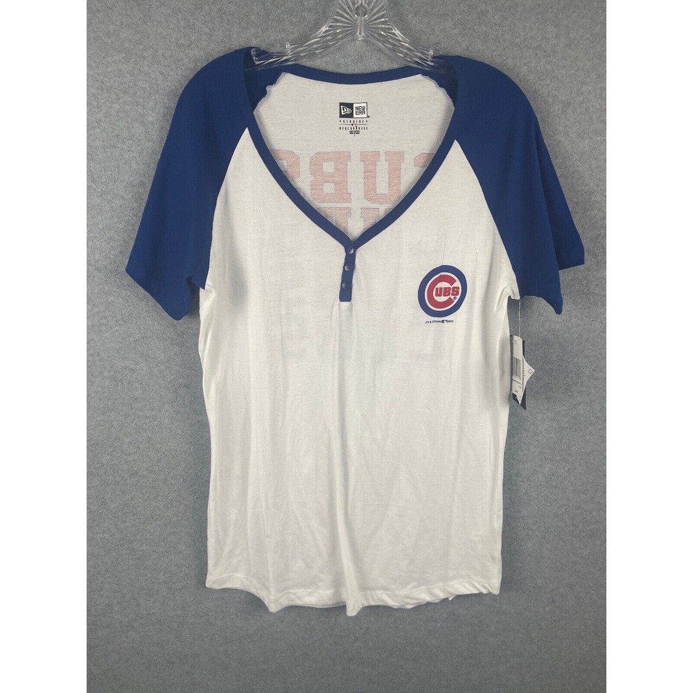 Chicago Cubs T Shirt‎ Women's Size L White New Era V Neck MLB Baseball NWT